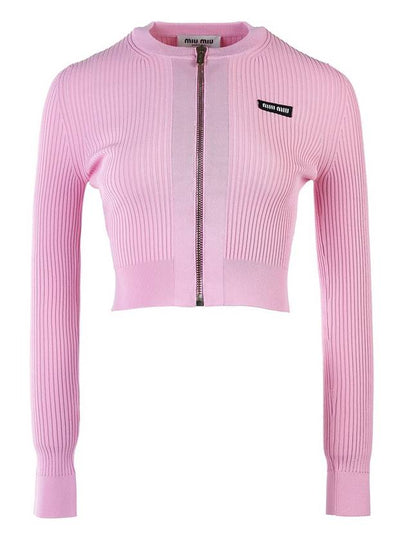 Crew Neck Zip-Up Cardigan Pink - MIU MIU - BALAAN 2