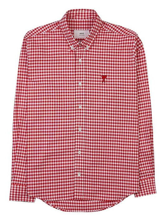 Small Heart Logo Gingham Button Long Sleeves Shirt Red - AMI - BALAAN 2