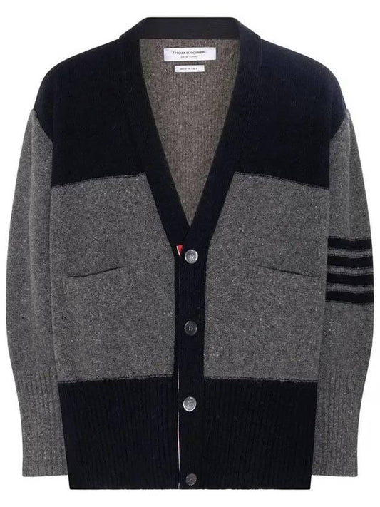 Donegal Diagonal Oversized Colour Block Wool Cardigan Grey - THOM BROWNE - BALAAN 2