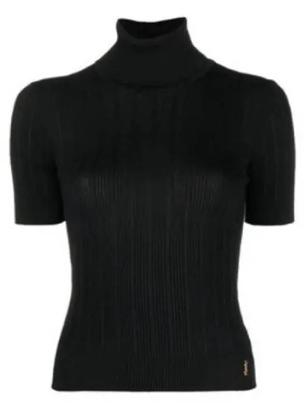 Rib Silk Monogram Short Sleeve Turtleneck Black - SAINT LAURENT - BALAAN 2