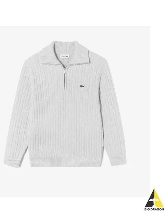 Men s cable half zip up wide collar pullover light gray - LACOSTE - BALAAN 1