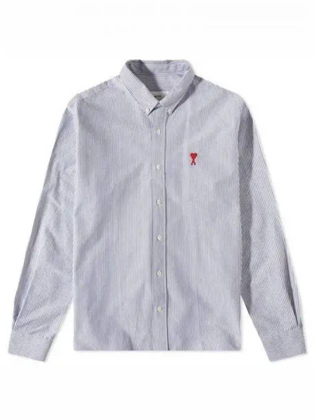 Embroidered Heart Logo Stripe Long Sleeve Shirt Blue - AMI - BALAAN 2