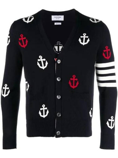 Anchor Intarsia 4-Bar V-Neck Cardigan Navy - THOM BROWNE - BALAAN 1