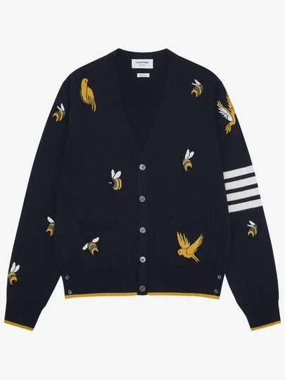 Men's Merino Bird Bee 4 Bar V-Neck Merino Cotton Cardigan Navy - THOM BROWNE - BALAAN 2