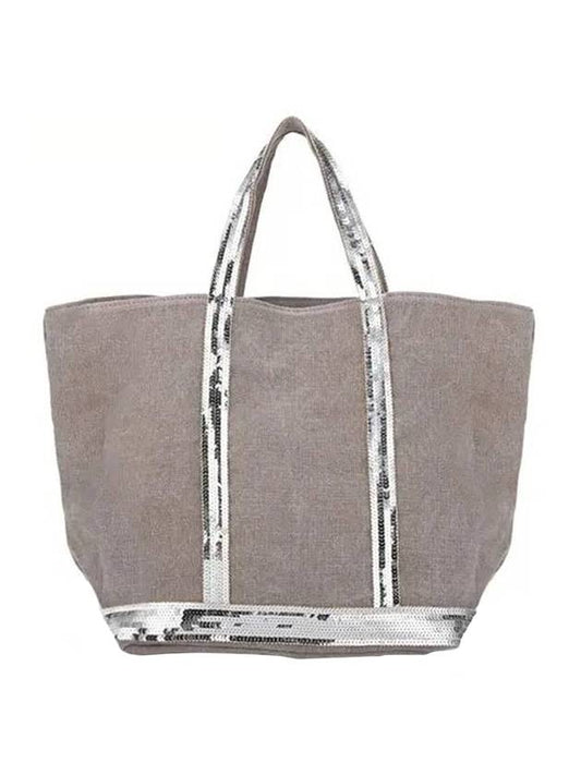 Cabas Linen Sequined Medium Tote Bag Grey - VANESSA BRUNO - BALAAN 1