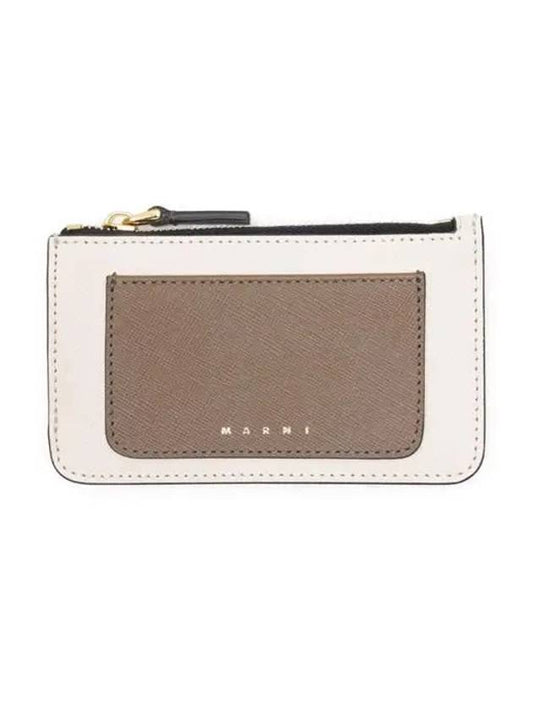 Saffiano Two-Tone Zipper Card Wallet White Brown - MARNI - BALAAN 2