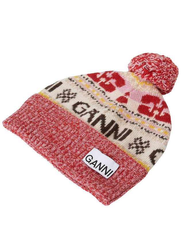 Logo Graphic Intarsia Knit Beanie Red - GANNI - BALAAN 4