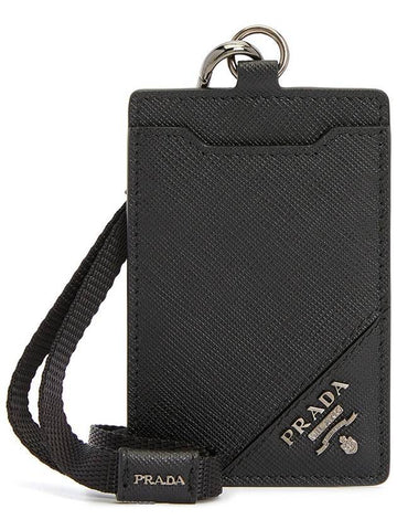 Logo Neck Strap Saffiano Leather Card Wallet Black - PRADA - BALAAN 1