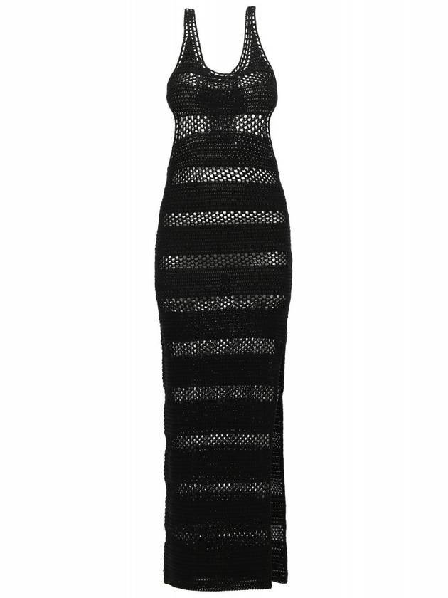 Women's Cutout Striped Crochet Maxi Long Dress Black - SAINT LAURENT - BALAAN 1