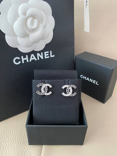 Two-Tone CC Logo Crystal Earrings Black Silver - CHANEL - BALAAN 2