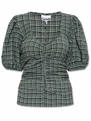 Ganni Check Seersucker Ruched Blouse, Brand Size 36 (US Size 2) - GANNI - BALAAN 1