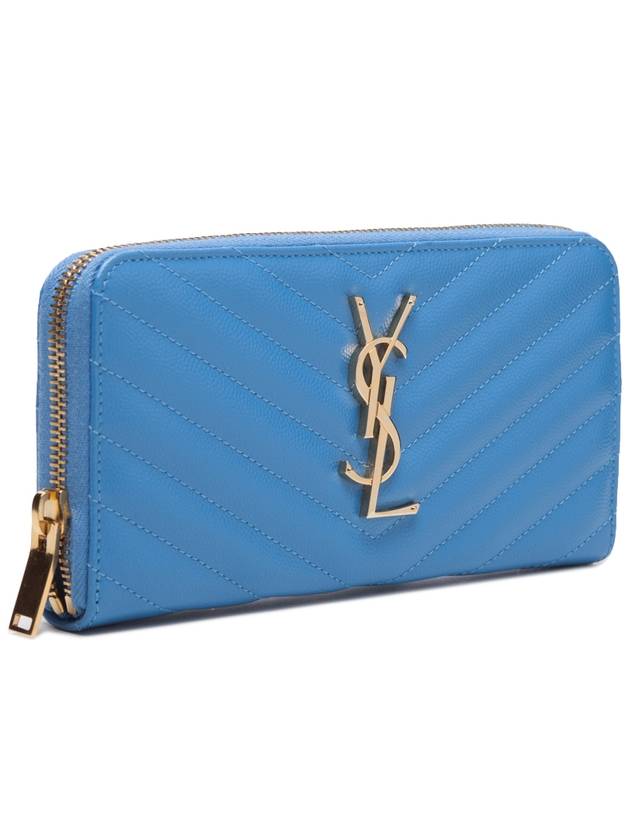 Matelasse Monogram Zipper Around Long Wallet Blue - SAINT LAURENT - BALAAN 3