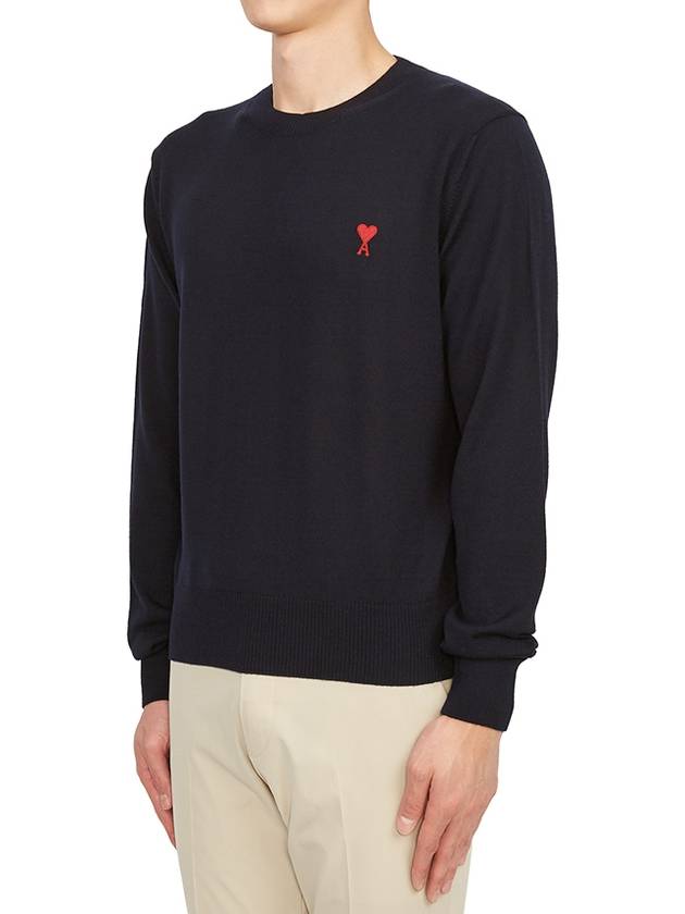 Heart Embroidered Logo Crew Neck Knit Top Navy - AMI - BALAAN 3