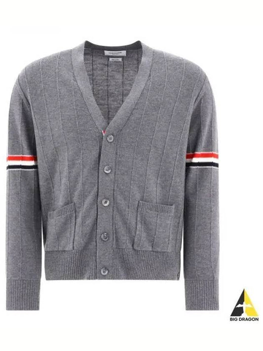 RWB V-neck Striped Virgin Wool Cardigan Grey - THOM BROWNE - BALAAN 2