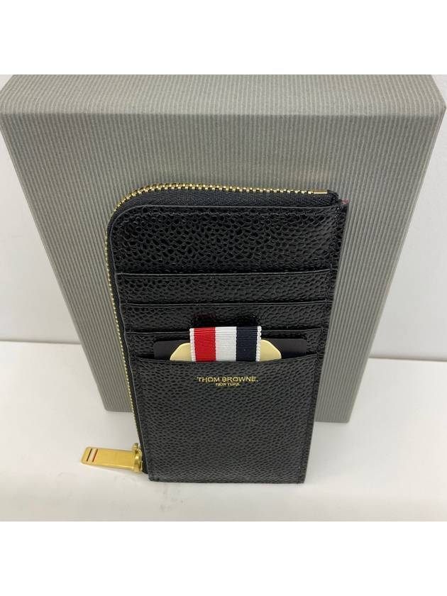 Stripe Zip Around Pebble Grain Leather Card Wallet Black - THOM BROWNE - BALAAN 3