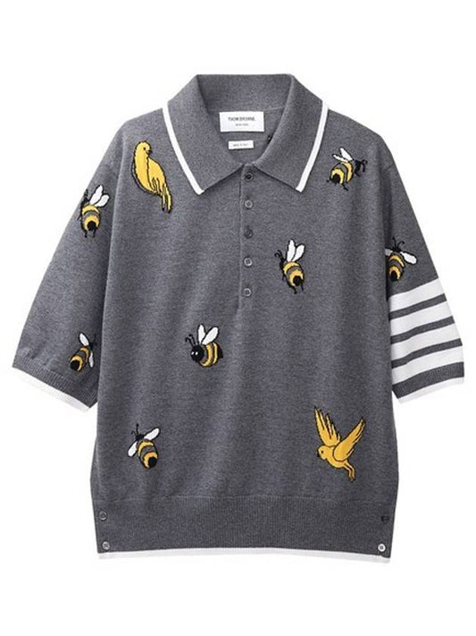 Men's Bird Bee Half Drop 4 Bar Merino Cotton Short Sleeve Polo Shirt Grey - THOM BROWNE - BALAAN 2