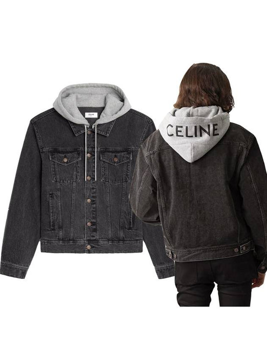 Logo Hoodie Trucker Denim Jacket Charcoal Wash - CELINE - BALAAN 2