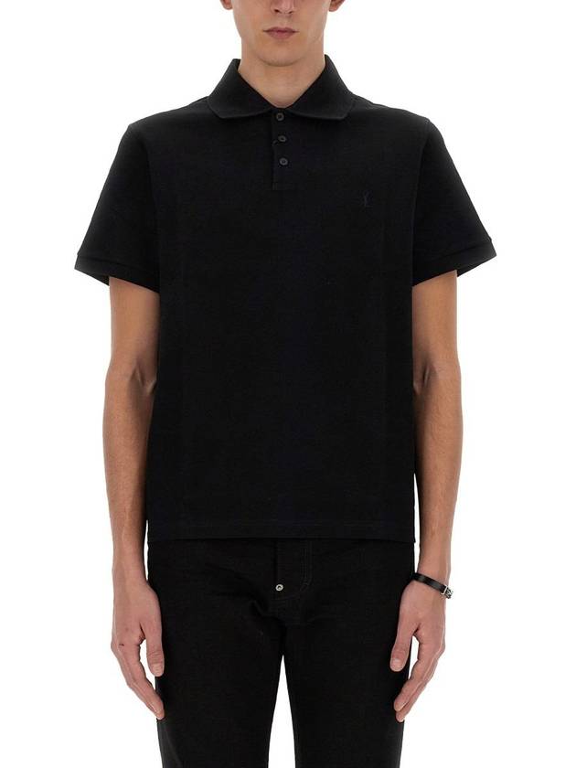 Men's Monogram Cotton Short Sleeve Polo Shirt Black - SAINT LAURENT - BALAAN 2