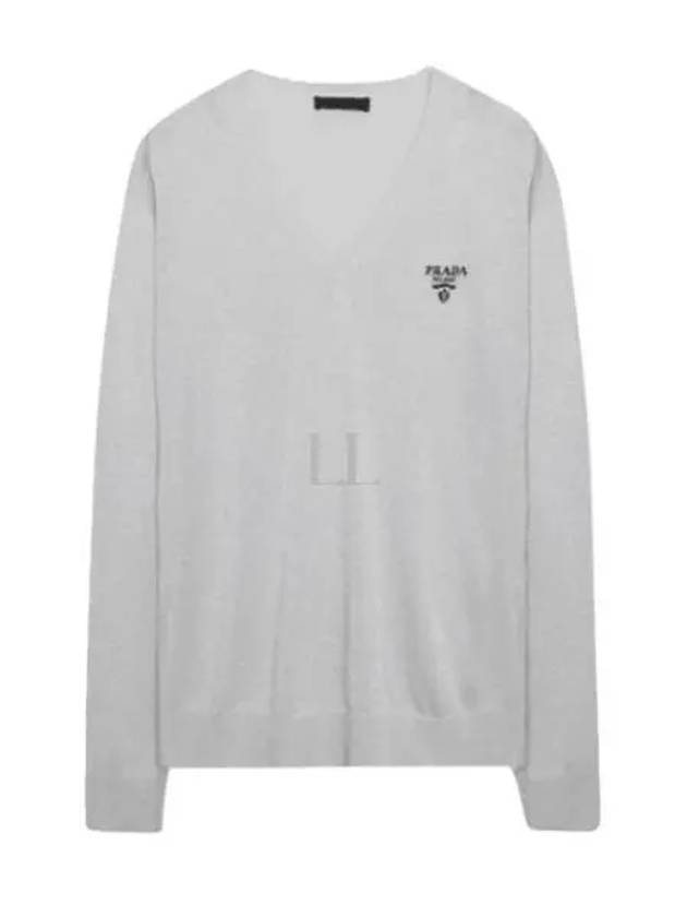 Logo Silk V-Neck Knit Top Grey - PRADA - BALAAN 2