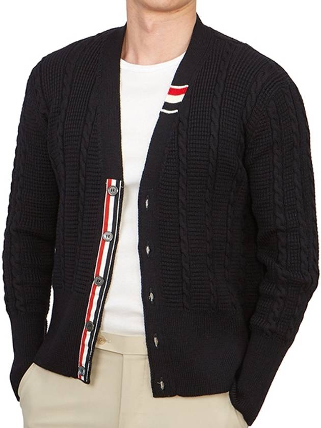 Cable Knitwear Virgin Wool Cardigan Navy - THOM BROWNE - BALAAN 3