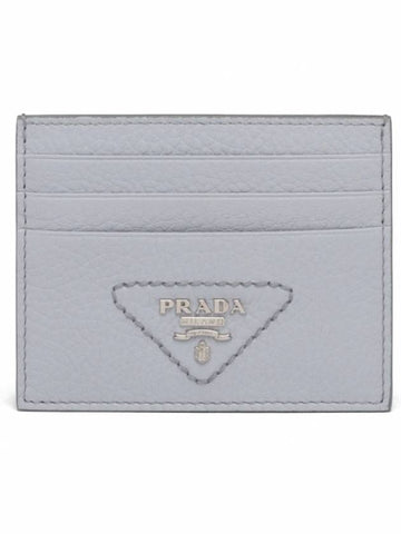 metal lettering logo leather card wallet cornflower blue - PRADA - BALAAN.