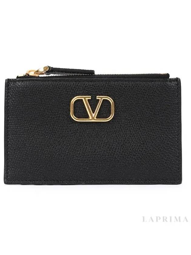 V Logo Signature Leather Card Wallet Black - VALENTINO - BALAAN 5