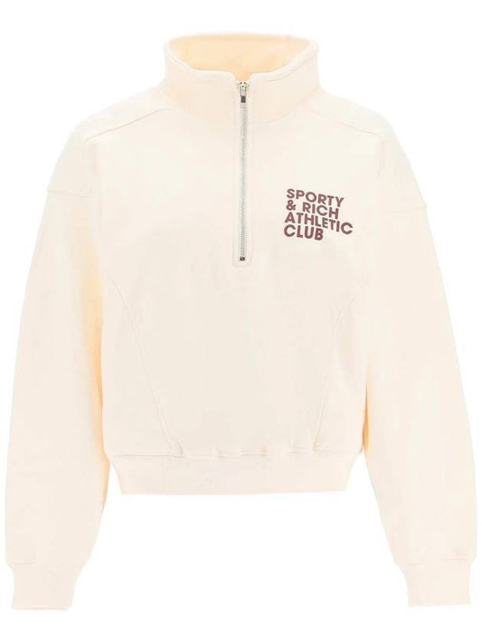 Logo Print Half Zip Up Cotton Sweatshirt Beige - SPORTY & RICH - BALAAN.