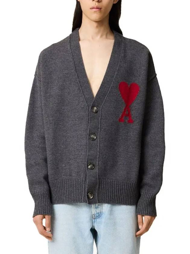 Heart Logo V Neck Wool Cardigan Heather Grey - AMI - BALAAN 3