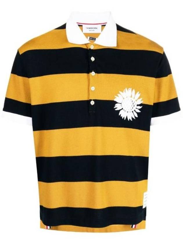 Embroidered Flower Rugby Stripe Short Sleeve PK Shirt Navy Yellow - THOM BROWNE - BALAAN.