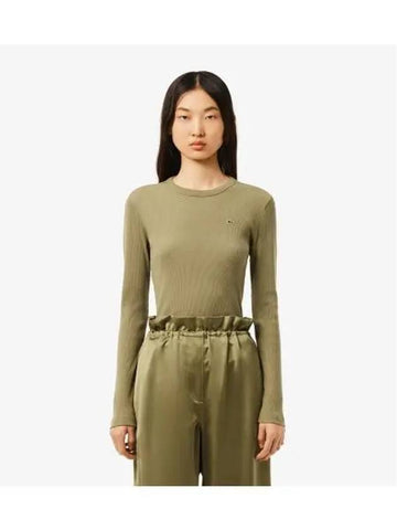 Women s Rib Tissue Slim Fit Long Sleeve T Shirt Khaki - LACOSTE - BALAAN 1