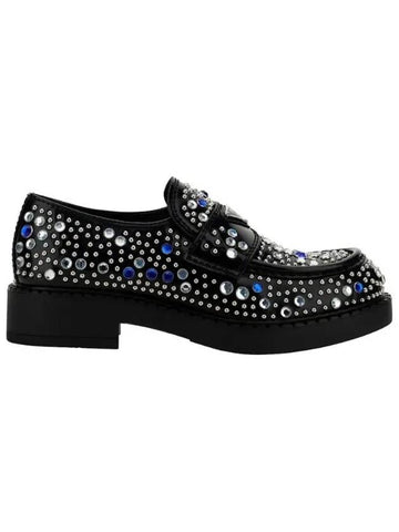 Black brushed leather loafers with studs and rhinestones - PRADA - BALAAN 1