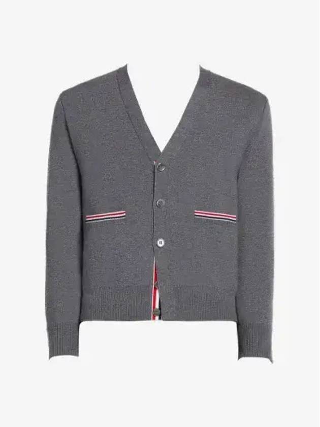 Men's Navy Side Intarsia Milano Stitch Wool Cardigan Grey - THOM BROWNE - BALAAN 3