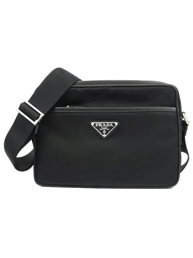 Re-Nylon Saffiano Leather Triangle Logo Cross Bag Black - PRADA - BALAAN 2