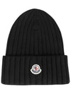 Logo Patch Wool Rib Knit Beanie Black - MONCLER - BALAAN 5