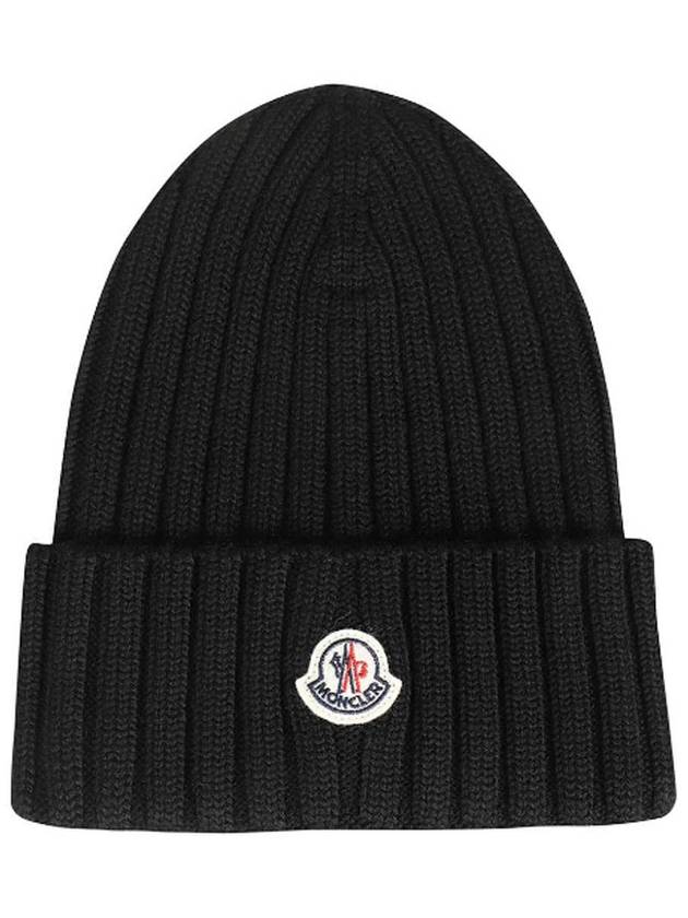 Logo Patch Wool Rib Knit Beanie Black - MONCLER - BALAAN 2