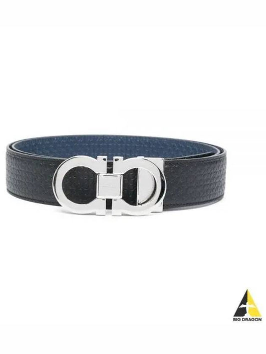 Double Gancini Reversible Leather Belt Black Fiore Blue - SALVATORE FERRAGAMO - BALAAN 2