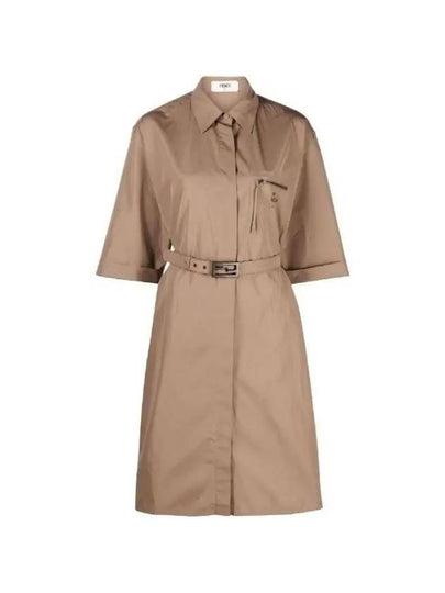 Zipper Pocket Belted Cotton Shirt Midi Dress Brown - FENDI - BALAAN 2