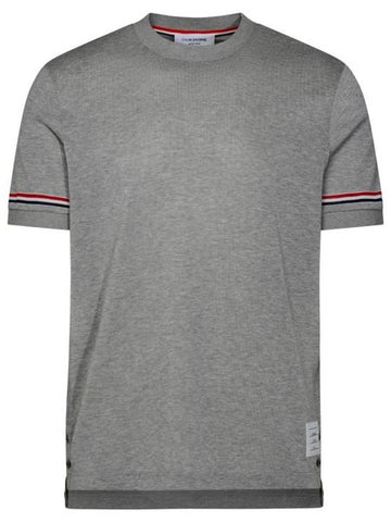 Striped Detail Crew Neck Cotton Short Sleeve T-Shirt Grey - THOM BROWNE - BALAAN 1