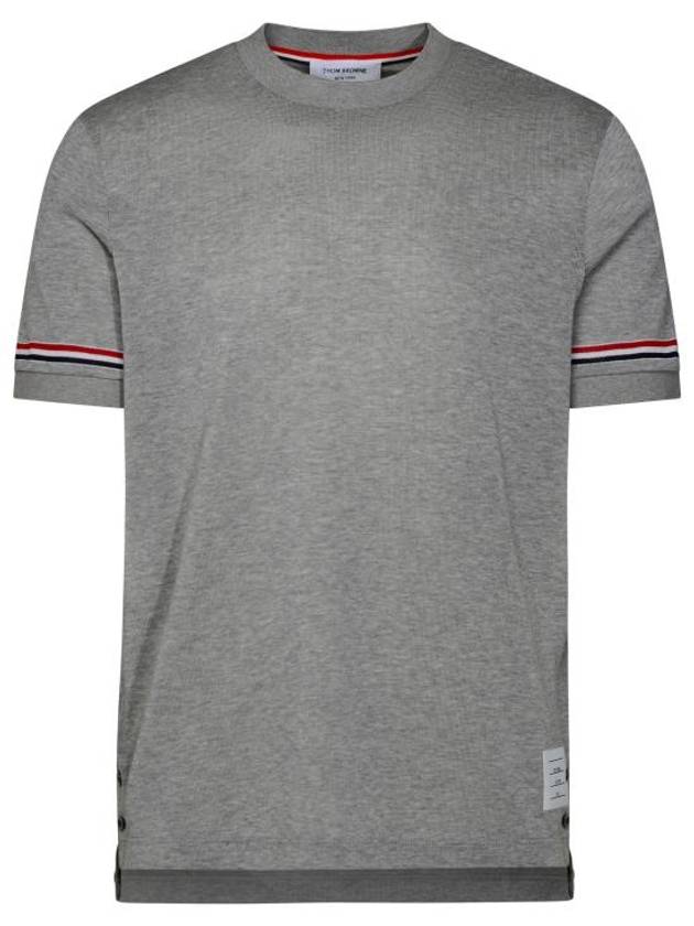 Striped Detail Crew Neck Cotton Short Sleeve T-Shirt Grey - THOM BROWNE - BALAAN 1