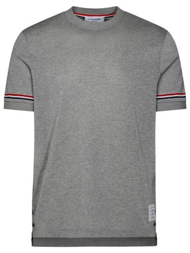 Striped Detail Crew Neck Cotton Short Sleeve T-Shirt Grey - THOM BROWNE - BALAAN 1