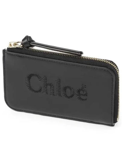 Embroidered Logo Shiny Calf Skin Zipper Card Wallet Black - CHLOE - BALAAN 2