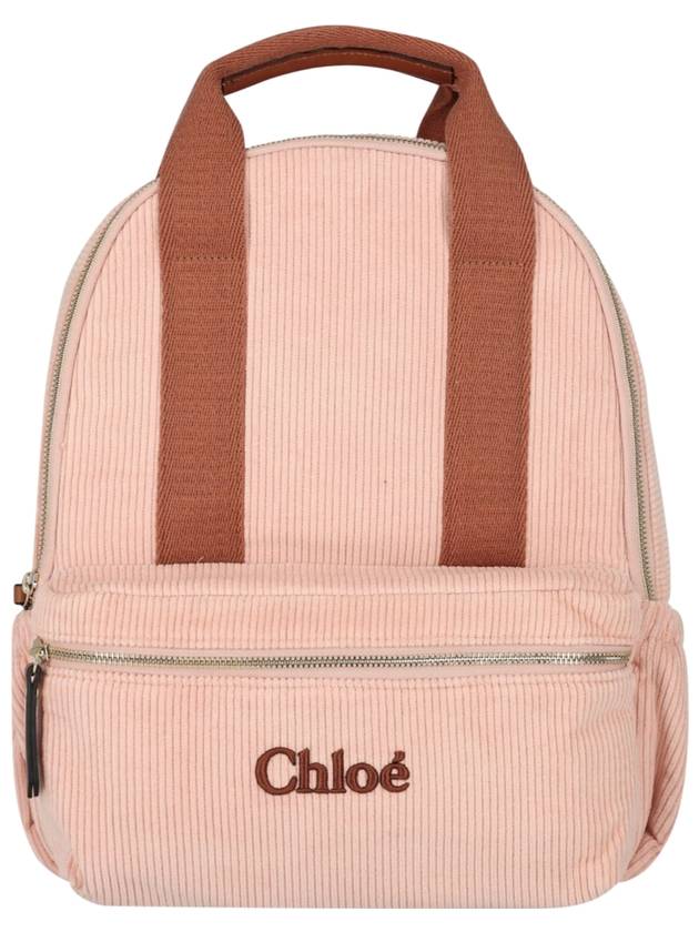 Kids Embroidered Logo Corduroy Backpack Pink - CHLOE - BALAAN 1