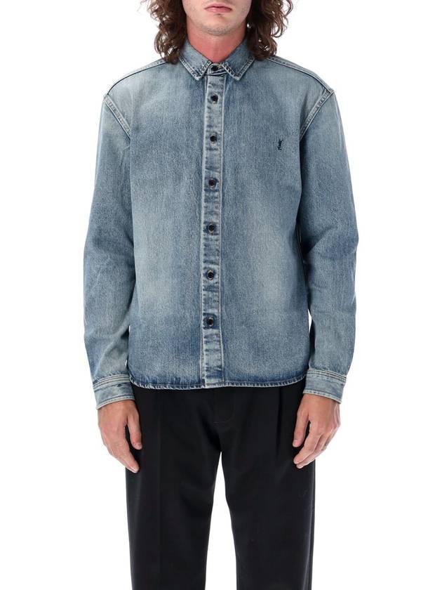 Men's Cassandre Logo Denim Long Sleeve Shirt Blue - SAINT LAURENT - BALAAN 2