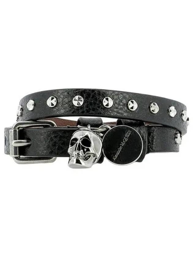 Men's Silver Skull Stud Double Leather Bracelet Black - ALEXANDER MCQUEEN - BALAAN 2