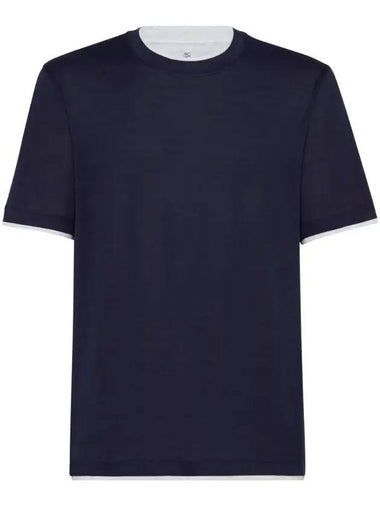 Double Layer Crew Neck Cotton Silk Short Sleeve T-Shirt Dark Blue - BRUNELLO CUCINELLI - BALAAN 1