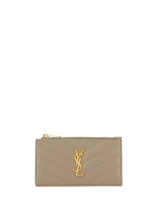 Monogram Logo Plaque Zip-Up Card Wallet Dusty Grey - SAINT LAURENT - BALAAN 1