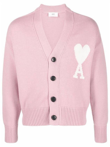 Big Heart Embroidered Logo Cardigan Pale Pink - AMI - BALAAN 1