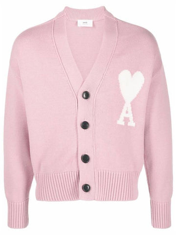 Big Heart Embroidered Logo Cardigan Pale Pink - AMI - BALAAN 1