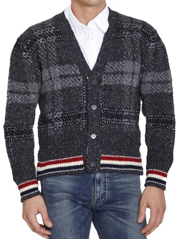 Donegal Tartan Stripe V-Neck Cardigan Grey - THOM BROWNE - BALAAN 2