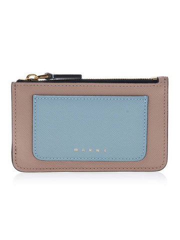 Saffiano Two-Tone Zipper Card Wallet Natural Aquamarine - MARNI - BALAAN 1